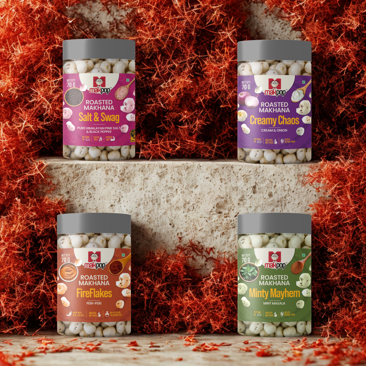 MAKPOP Roasted Makhana Combo Pack – 4 Flavours (Healthy Snack Box)